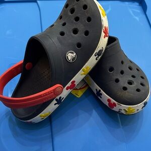 Kids navy Clog Shoes with Red Strap and Colorful Mickey Accents